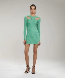 Self-portrait Green Ribbed Knit Cut Out Mini Dress