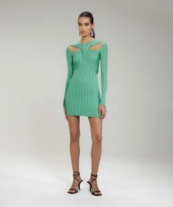 Self-portrait Green Ribbed Knit Cut Out Mini Dress