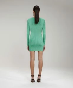 Self-portrait Green Ribbed Knit Cut Out Mini Dress