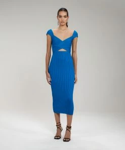 Self-portrait Bright Blue Ribbed Knit Crossover Bust Midi Dress NEW ARRIVALS