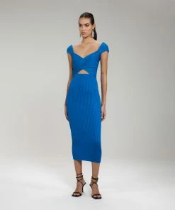 Self-portrait Bright Blue Ribbed Knit Crossover Bust Midi Dress NEW ARRIVALS