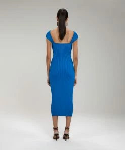 Self-portrait Bright Blue Ribbed Knit Crossover Bust Midi Dress NEW ARRIVALS