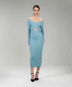 Self-portrait Ribbed Knit Crossover Bust Midi Dress READY TO WEAR