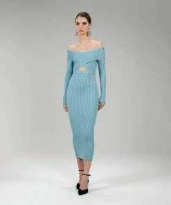 Self-portrait Ribbed Knit Crossover Bust Midi Dress READY TO WEAR