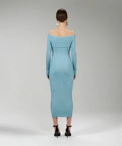 Self-portrait Ribbed Knit Crossover Bust Midi Dress READY TO WEAR
