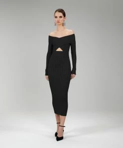 Self-portrait Black Ribbed Knit Crossover Bust Midi Dress NEW ARRIVALS