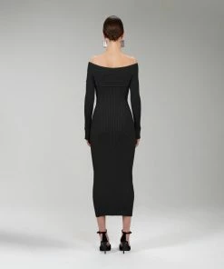 Self-portrait Black Ribbed Knit Crossover Bust Midi Dress NEW ARRIVALS