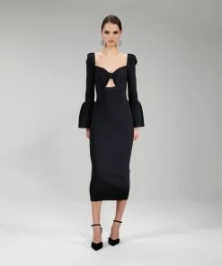 Self-portrait NEW ARRIVALS Black Ribbed Knit Bow Bust Midi Dress