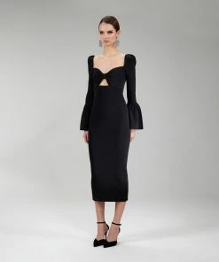 Self-portrait NEW ARRIVALS Black Ribbed Knit Bow Bust Midi Dress