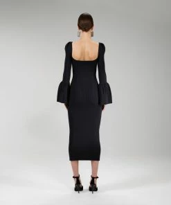 Self-portrait NEW ARRIVALS Black Ribbed Knit Bow Bust Midi Dress