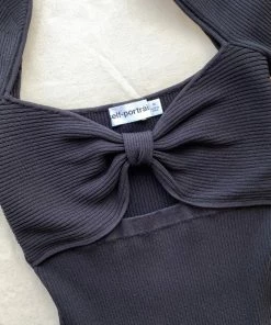 Self-portrait NEW ARRIVALS Black Ribbed Knit Bow Bust Midi Dress