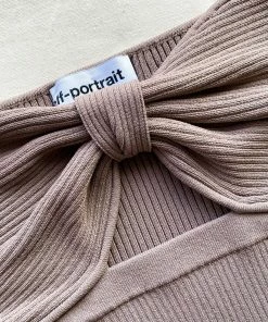 Self-portrait Taupe Ribbed Knit Bow Bust Top READY TO WEAR