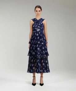 Self-portrait Pansy Print Chiffon Crossover Midi Dress READY TO WEAR