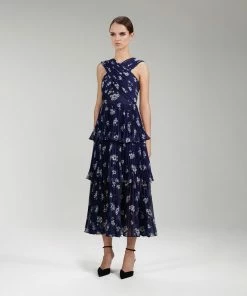 Self-portrait Pansy Print Chiffon Crossover Midi Dress READY TO WEAR