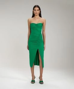 Self-portrait NEW ARRIVALS Bright Green Jersey Strapless Ruched Midi Dress
