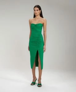 Self-portrait NEW ARRIVALS Bright Green Jersey Strapless Ruched Midi Dress
