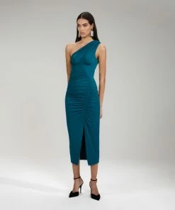 Self-portrait Green Jersey One Shoulder Ruched Midi Dress READY TO WEAR