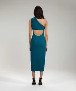 Self-portrait Green Jersey One Shoulder Ruched Midi Dress READY TO WEAR
