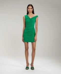 Self-portrait NEW ARRIVALS Bright Green One Shoulder Ruched Mini Dress