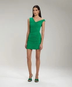 Self-portrait NEW ARRIVALS Bright Green One Shoulder Ruched Mini Dress