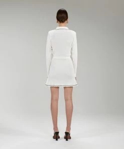 Self-portrait Ivory Contrast Stitch Ribbed Knit Mini Dress
