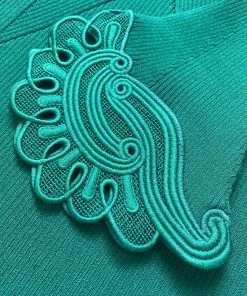 Self-portrait Dark Green Inserted Lace Ribbed Knit Mini Dress