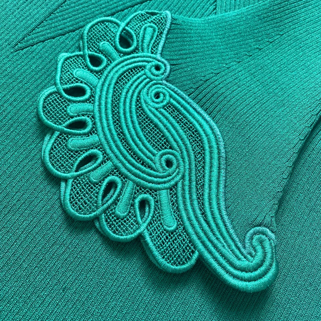 Self-portrait Dark Green Inserted Lace Ribbed Knit Mini Dress