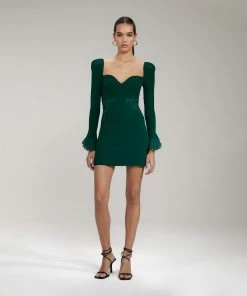 Self-portrait Dark Green Inserted Lace Ribbed Knit Mini Dress