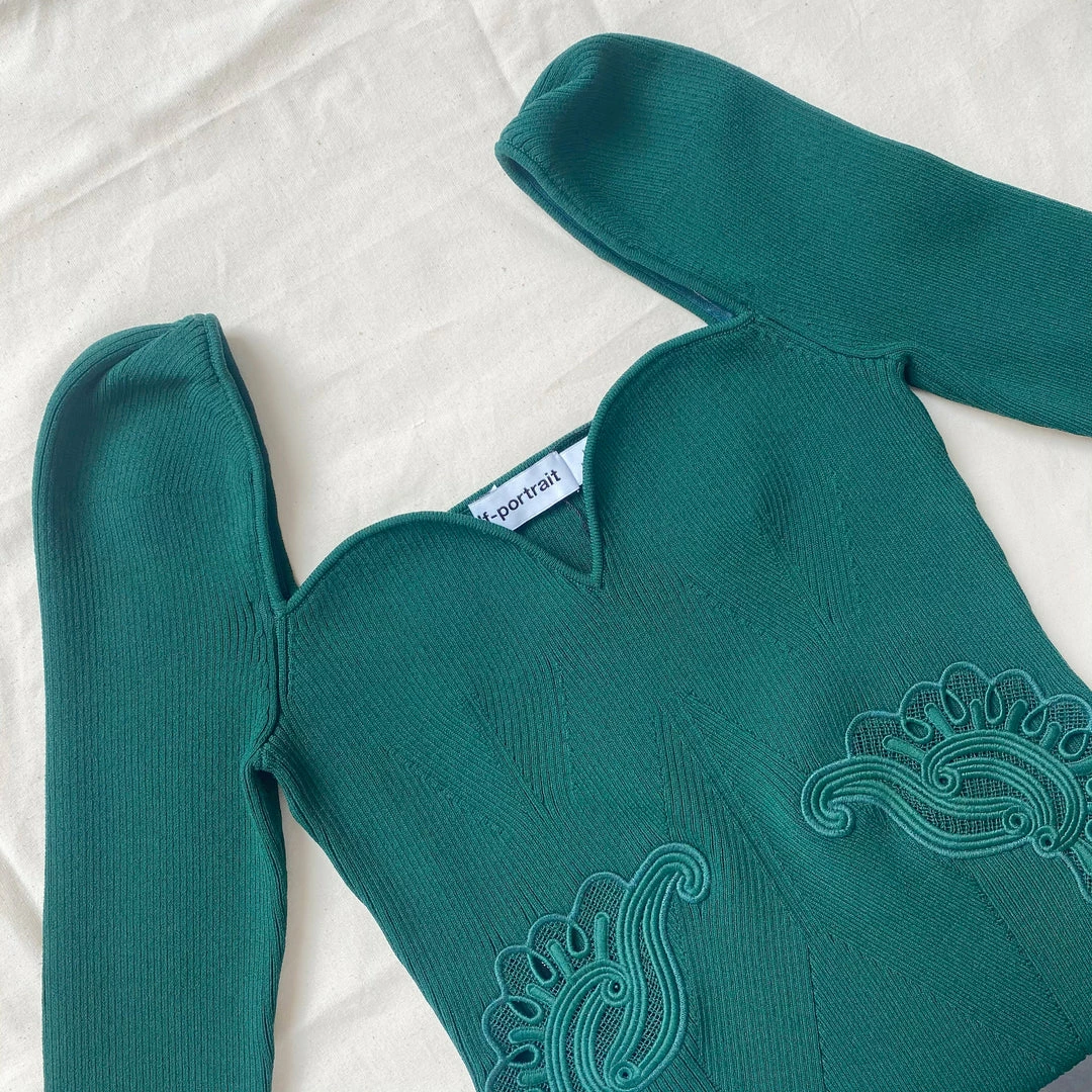 Self-portrait Dark Green Inserted Lace Ribbed Knit Mini Dress