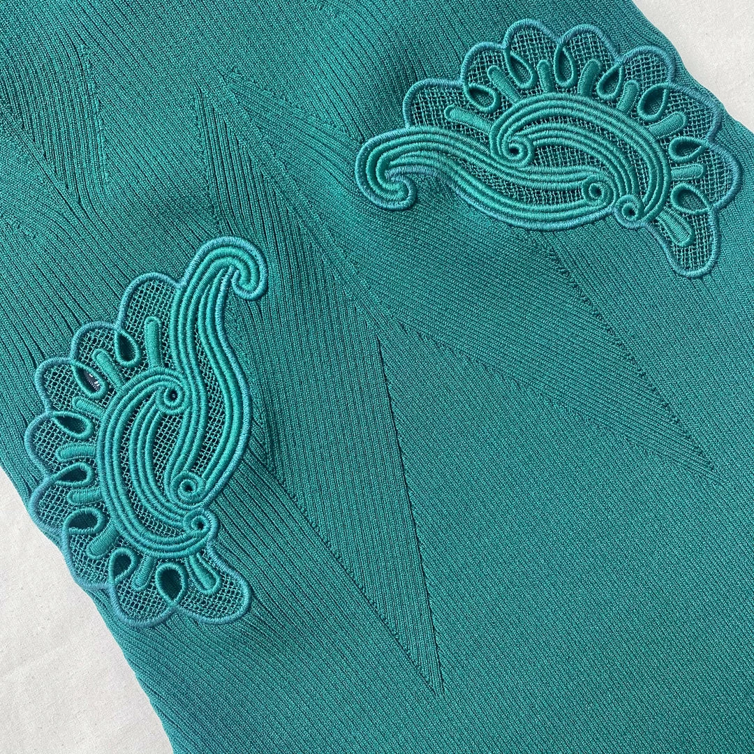 Self-portrait Dark Green Inserted Lace Ribbed Knit Mini Dress