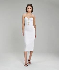 Self-portrait White Strapless Ribbed Knit Midi Dress NEW ARRIVALS