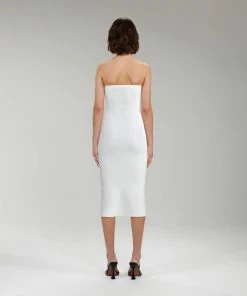 Self-portrait White Strapless Ribbed Knit Midi Dress NEW ARRIVALS