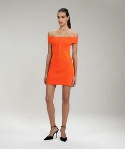 Self-portrait READY TO WEAR Orange Inserted Lace Ribbed Knit Mini Dress