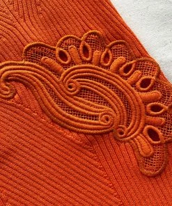 Self-portrait READY TO WEAR Orange Inserted Lace Ribbed Knit Mini Dress