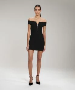 Self-portrait NEW ARRIVALS Black Inserted Lace Ribbed Knit Mini Dress