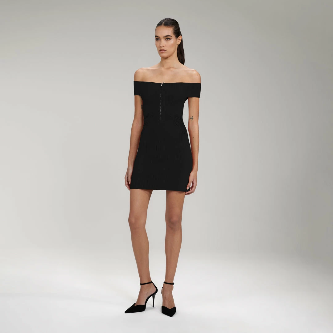 Self-portrait NEW ARRIVALS Black Inserted Lace Ribbed Knit Mini Dress