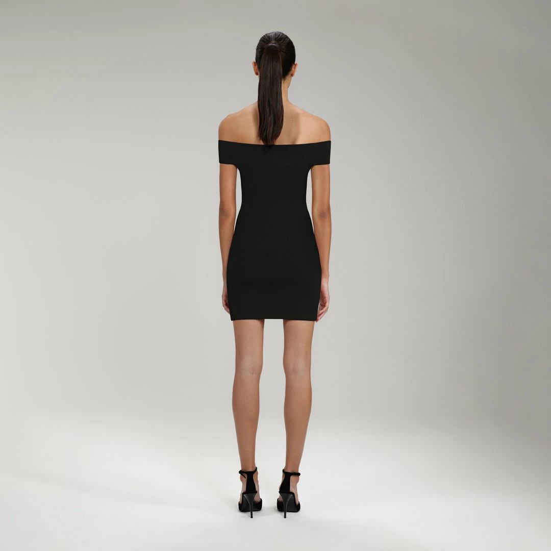 Self-portrait NEW ARRIVALS Black Inserted Lace Ribbed Knit Mini Dress