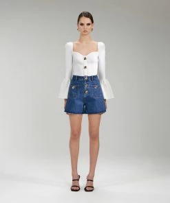 Self-portrait READY TO WEAR White Ribbed Knit Cardigan