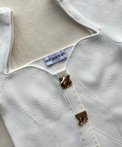 Self-portrait NEW ARRIVALS White Long Sleeve Ribbed Knit Midi Dress