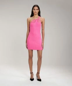 Self-portrait Pink One Shoulder Ribbed Knit Mini Dress READY TO WEAR