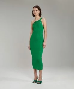 Self-portrait Bright Green One Shoulder Ribbed Knit Midi Dress NEW ARRIVALS