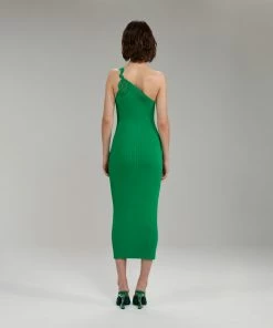 Self-portrait Bright Green One Shoulder Ribbed Knit Midi Dress NEW ARRIVALS