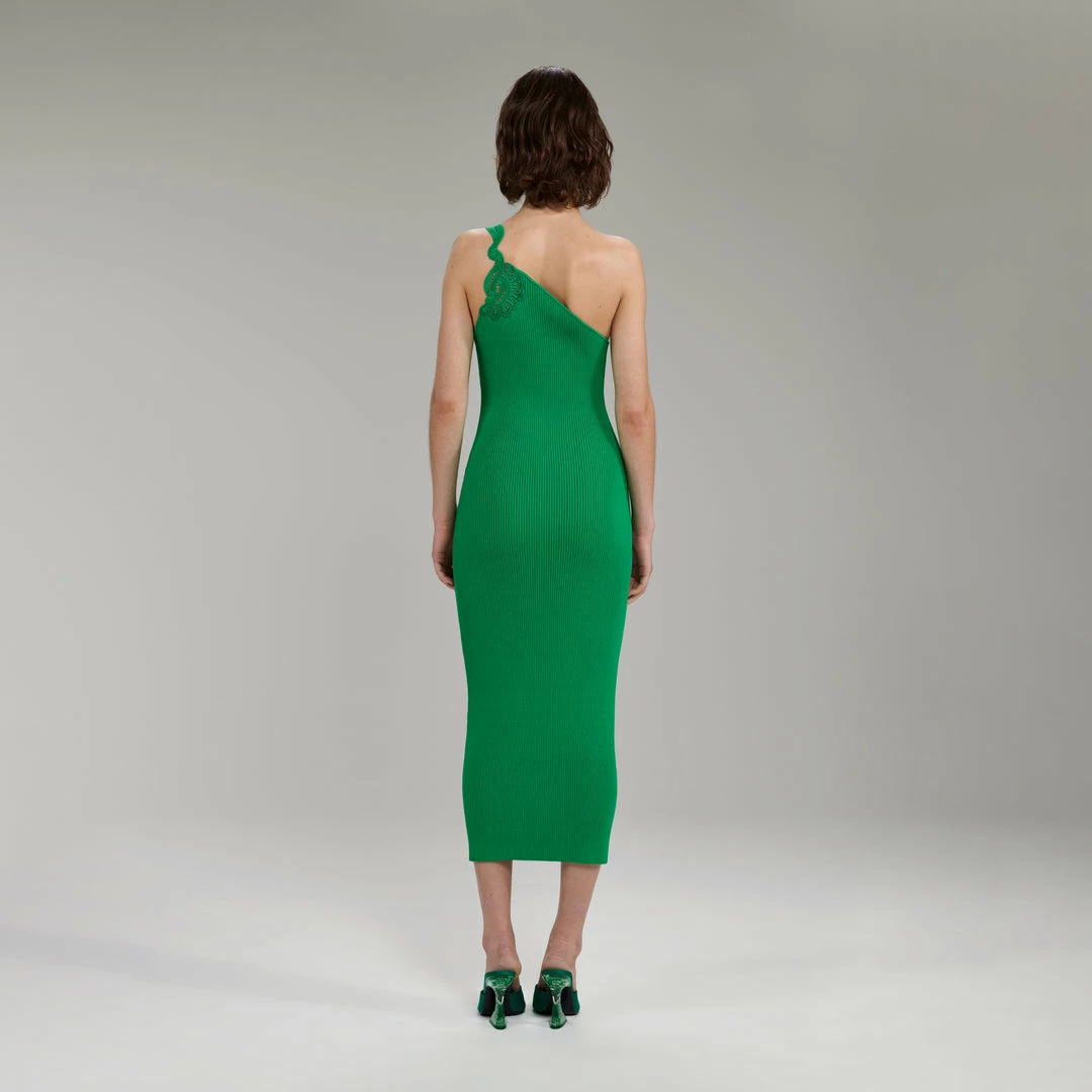 Self-portrait Bright Green One Shoulder Ribbed Knit Midi Dress NEW ARRIVALS