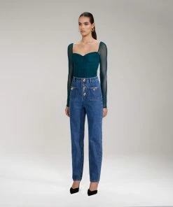 Self-portrait NEW ARRIVALS Green Shirred Powermesh Top