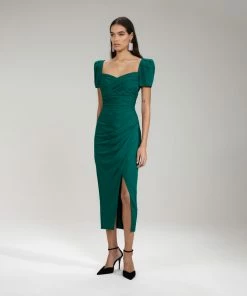 Self-portrait Dark Green Iris Midi Dress NEW ARRIVALS
