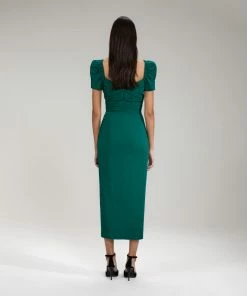 Self-portrait Dark Green Iris Midi Dress NEW ARRIVALS