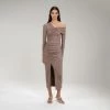 Self-portrait READY TO WEAR Taupe Jersey One Shoulder Ruched Midi Dress