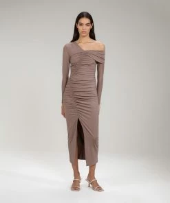 Self-portrait READY TO WEAR Taupe Jersey One Shoulder Ruched Midi Dress