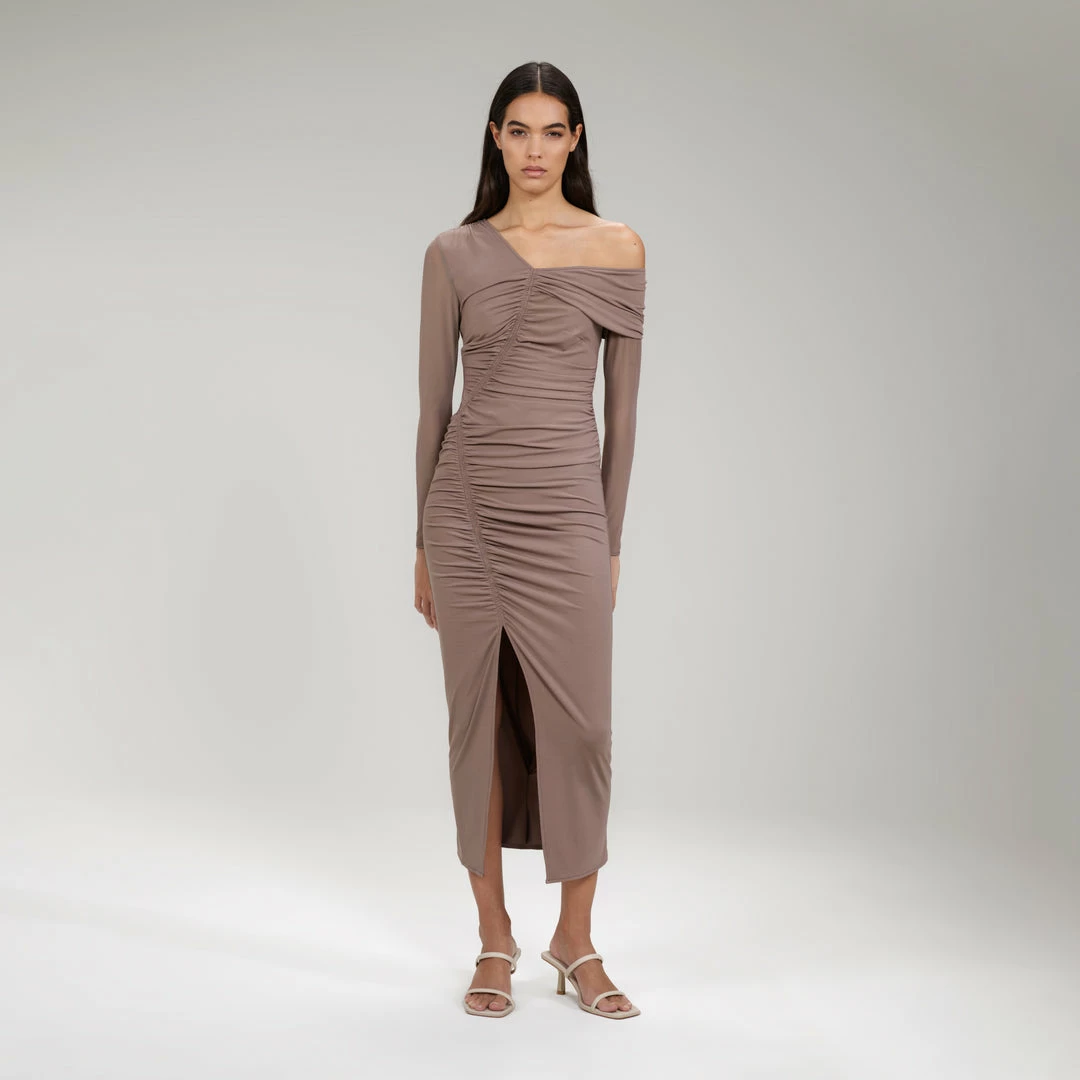 Self-portrait READY TO WEAR Taupe Jersey One Shoulder Ruched Midi Dress