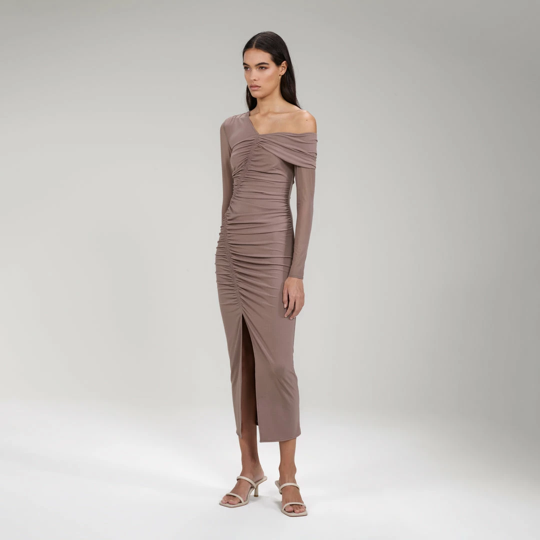 Self-portrait READY TO WEAR Taupe Jersey One Shoulder Ruched Midi Dress